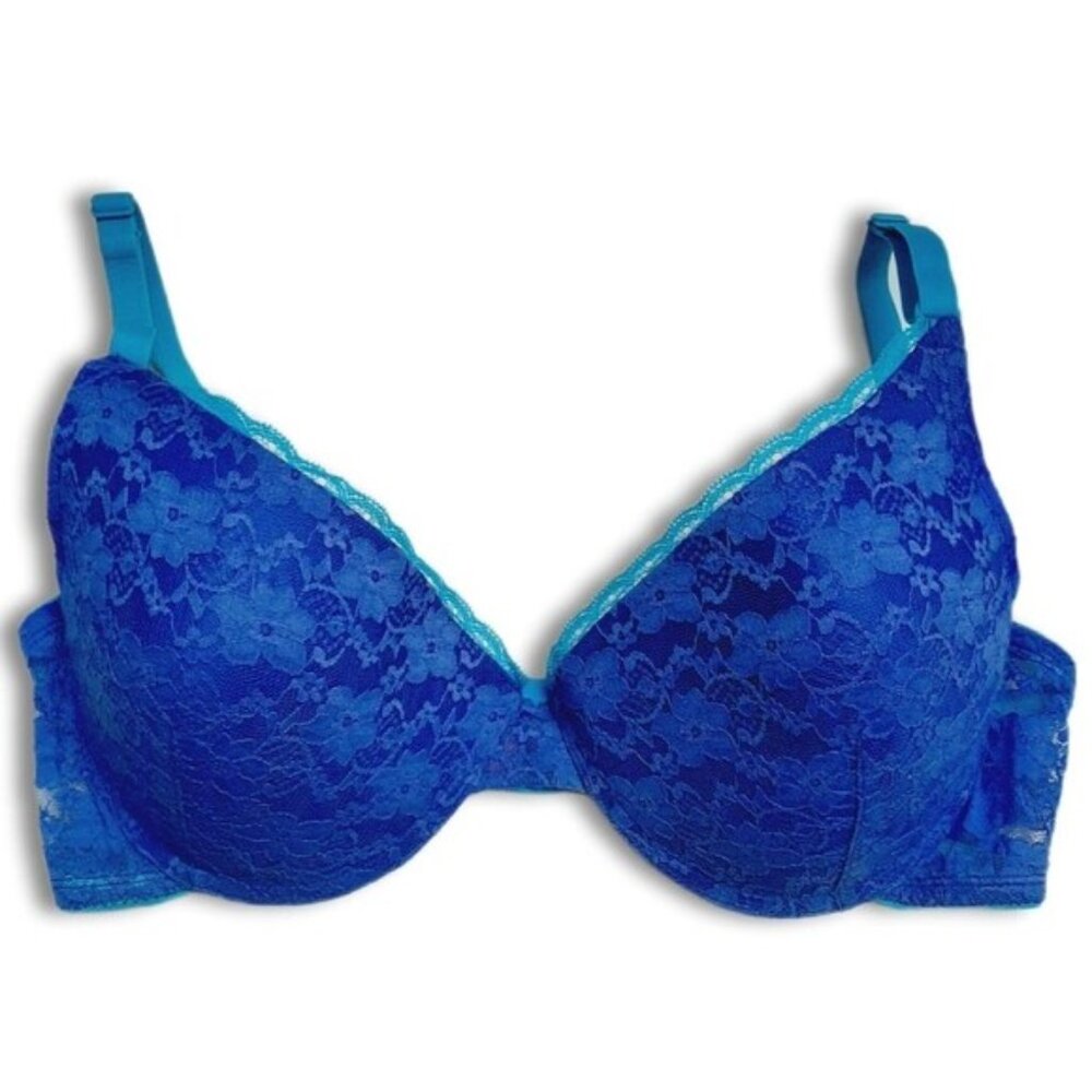 FRUIT OF THE LOOM Bra Floral Lace & Molded Cups Blue Sz 42C